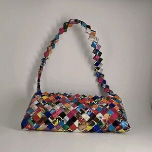 Handmade multicolor woven shoulder bag with zip closure, lightweight, small y2k